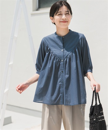 棉質巴里紗碎褶V字剪接罩衫