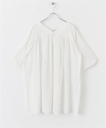 棉質巴里紗V領長版罩衫(米色-M-OFF WHITE)