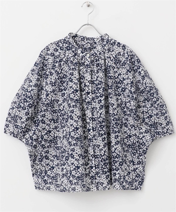 印花蝙蝠袖罩衫(白色x藏青色-M-其他藍色)