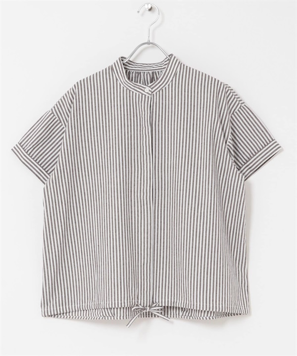 直條紋抽繩立領襯衫(棕色-M-BROWN)