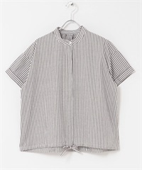 直條紋抽繩立領襯衫(棕色-M-BROWN)