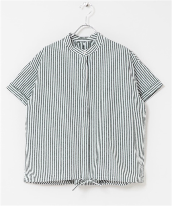 直條紋抽繩立領襯衫(綠色-M-GREEN)