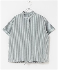 直條紋抽繩立領襯衫(綠色-M-GREEN)