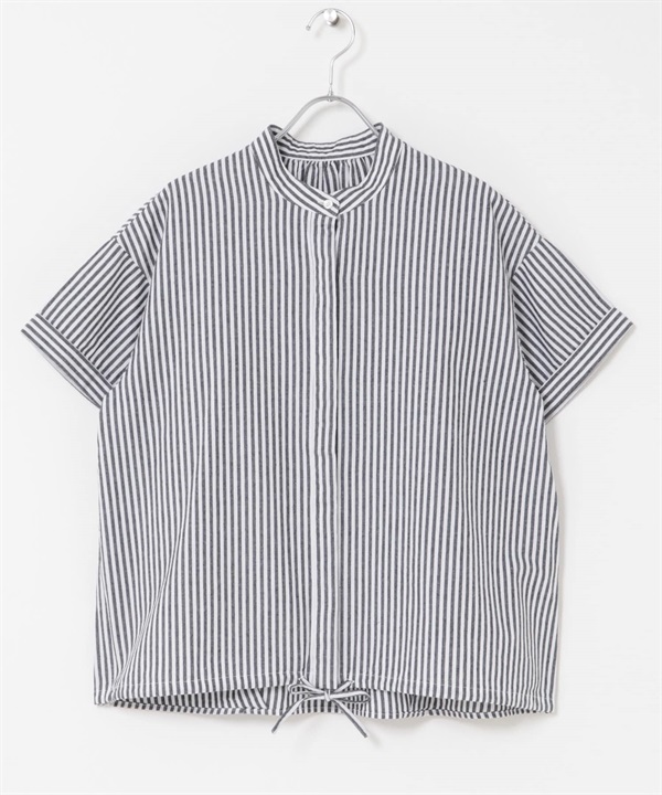 直條紋抽繩立領襯衫(藏青色-M-NAVY)