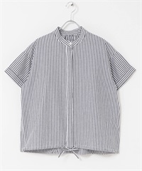 直條紋抽繩立領襯衫(藏青色-M-NAVY)