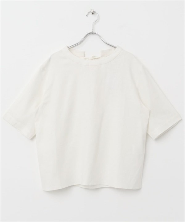 混麻料背後綁帶上衣(米白色-M-OFF WHITE)