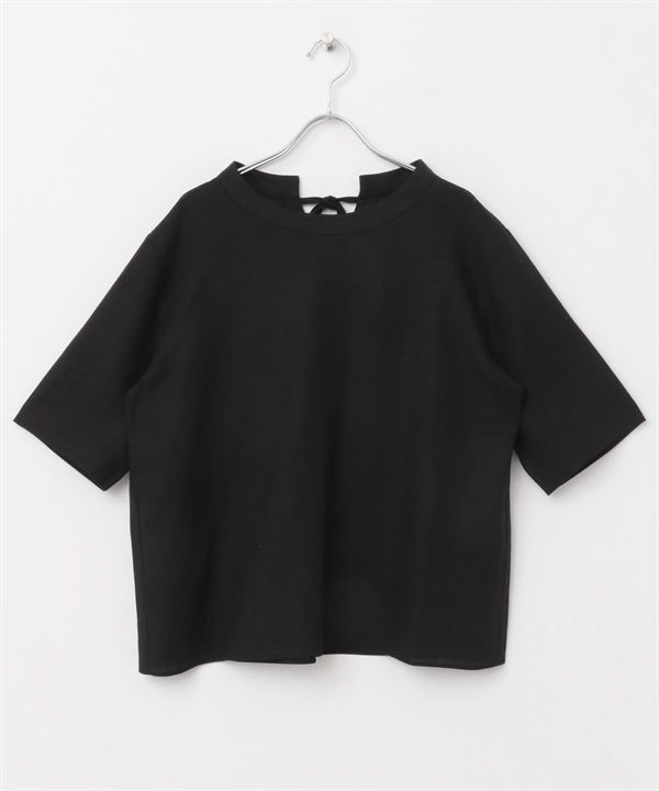 混麻料背後綁帶上衣(黑色-M-BLACK)