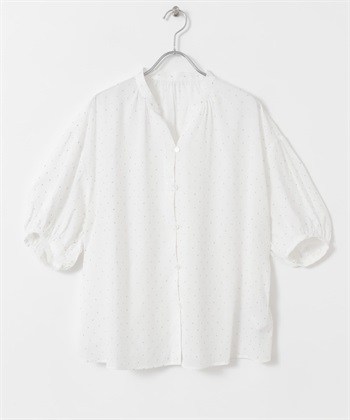 光澤感點點碎摺上衣(米白色-M-OFF WHITE)