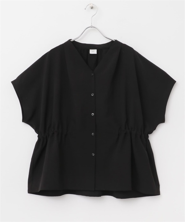 腰部碎褶設計V領罩衫(黑色-M-BLACK)