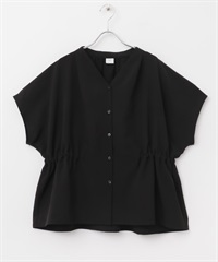 腰部碎褶設計V領罩衫(黑色-M-BLACK)