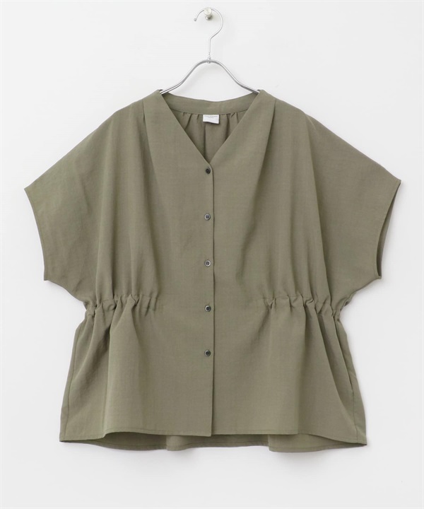 腰部碎褶設計V領罩衫(卡其綠-M-KHAKI)