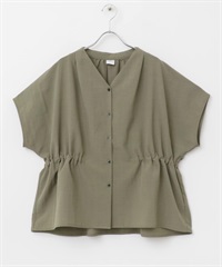 腰部碎褶設計V領罩衫(卡其綠-M-KHAKI)