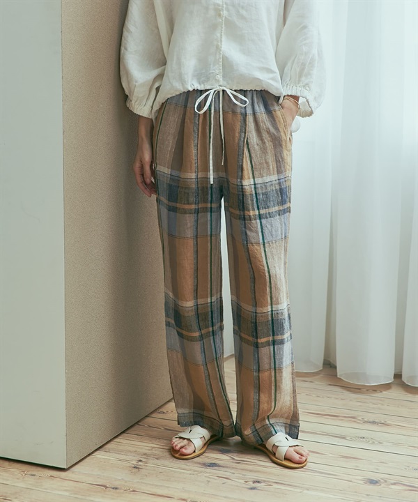 亞麻格紋輕便長褲