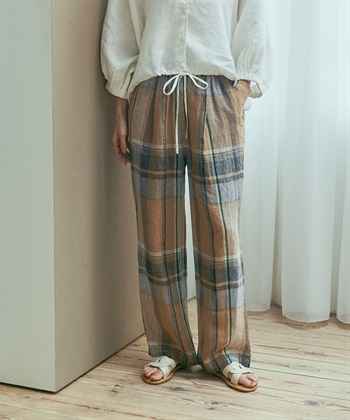 亞麻格紋輕便長褲