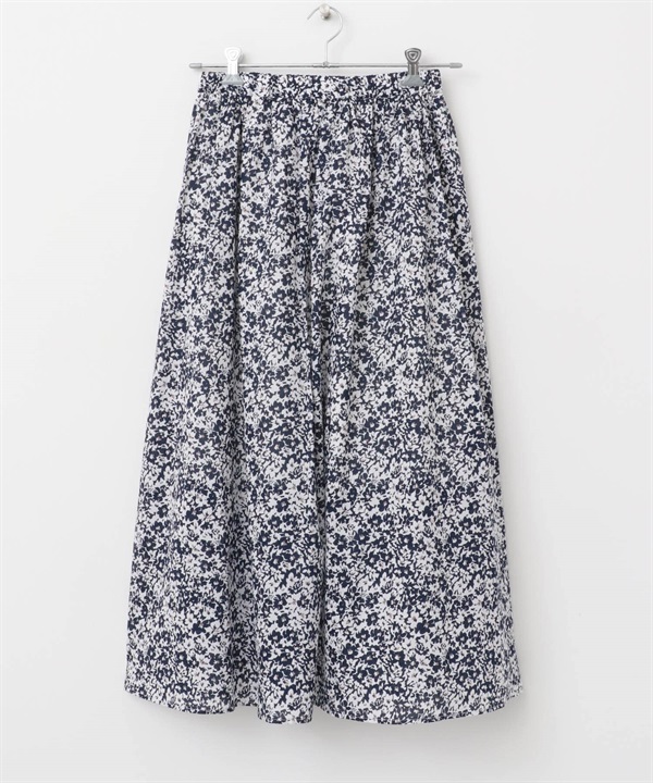 印花碎褶裙(白色x藏青色-M-其他藍色)