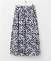 印花碎褶裙(白色x藏青色-M-其他藍色)