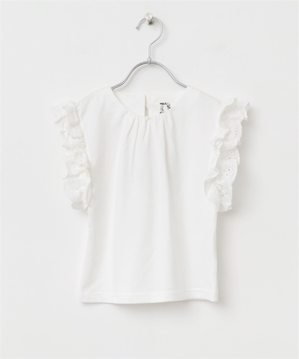 蕾絲法式袖上衣(KIDS)(米色-120-OFF WHITE)