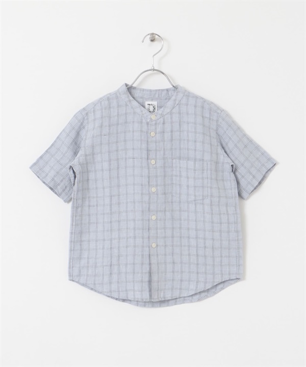 【親子裝】絲光亞麻立領襯衫(KIDS)(藍色格紋-120-LIGHT BLUE)