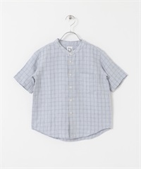 【親子裝】絲光亞麻立領襯衫(KIDS)(藍色格紋-120-LIGHT BLUE)