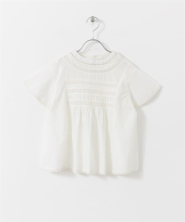 梯形蕾絲碎褶罩衫(米色-120-OFF WHITE)