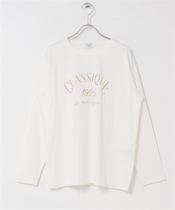 LOGO印花刺繡長袖T恤(米色x膚色-M-OFF WHITE)
