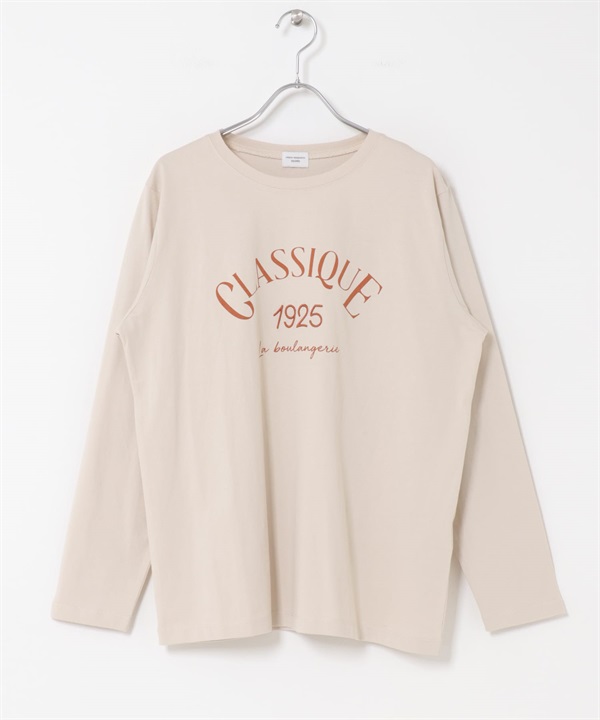 LOGO印花刺繡長袖T恤(膚色x橘色-M-BEIGE)