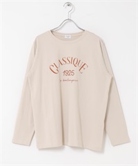 LOGO印花刺繡長袖T恤(膚色x橘色-M-BEIGE)