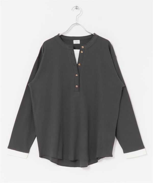 層次感華夫格亨利領套衫(炭灰色-M-CHARCOAL GRAY)