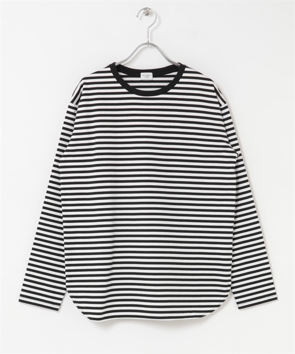 棉質圓弧下襬上衣(米色 x 黑色-S-其他白色)