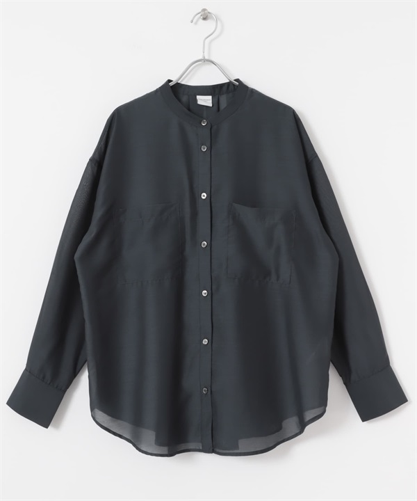 透膚立領襯衫(藏青色-M-NAVY)