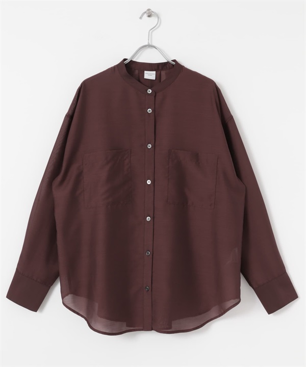 透膚立領襯衫(酒紅色-M-BURGUNDY)