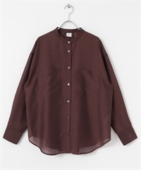 透膚立領襯衫(酒紅色-M-BURGUNDY)