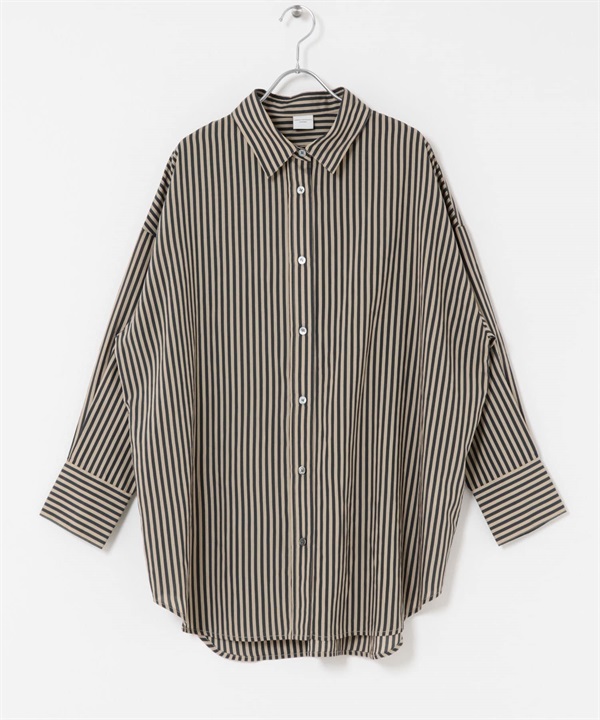 直條紋寬版襯衫(炭灰色x膚色-M-CHARCOAL GRAY)