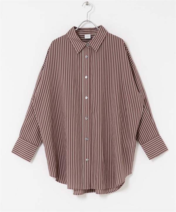 直條紋寬版襯衫(酒紅色x灰膚色-M-BURGUNDY)