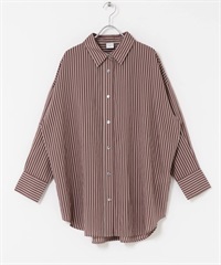直條紋寬版襯衫(酒紅色x灰膚色-M-BURGUNDY)