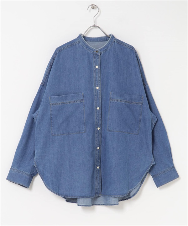 牛仔立領襯衫(靛青色-M-INDIGO BLUE)