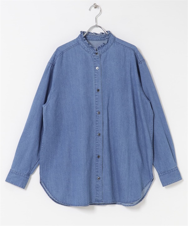 荷葉立領牛仔襯衫(靛青色-M-INDIGO BLUE)