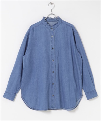 荷葉立領牛仔襯衫(靛青色-M-INDIGO BLUE)