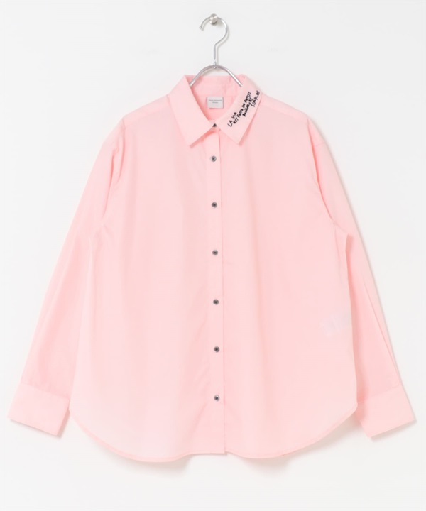 領口LOGO刺繡襯衫(粉紅色-M-PINK)