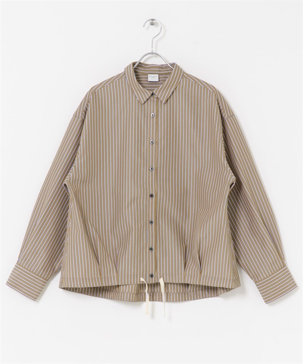 直條紋抽繩襯衫(棕色-M-BROWN)