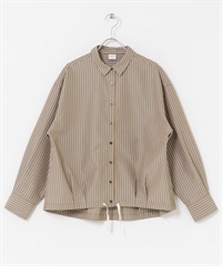 直條紋抽繩襯衫(棕色-M-BROWN)