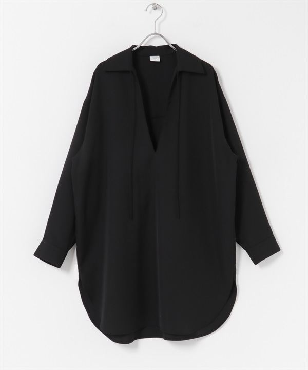 V字領緣長版襯衫(黑色-M-BLACK)