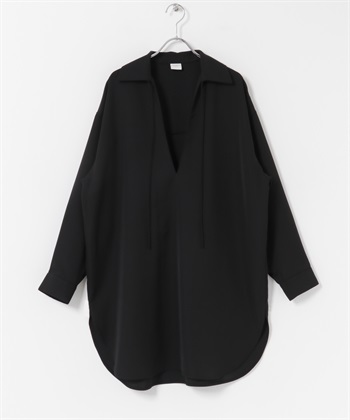 V字領緣長版襯衫(黑色-M-BLACK)