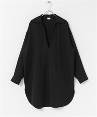 V字領緣長版襯衫(黑色-M-BLACK)