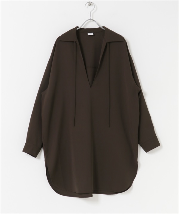 V字領緣長版襯衫(棕色-M-BROWN)