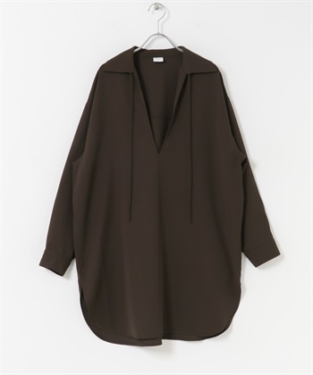 V字領緣長版襯衫(棕色-M-BROWN)