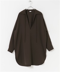 V字領緣長版襯衫(棕色-M-BROWN)