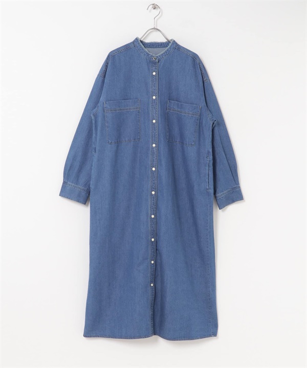 牛仔立領洋裝(靛青色-M-INDIGO BLUE)