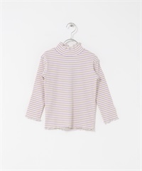 橫紋荷葉邊羅紋高領上衣(KIDS)(象牙白x紫色-120-其他白色)