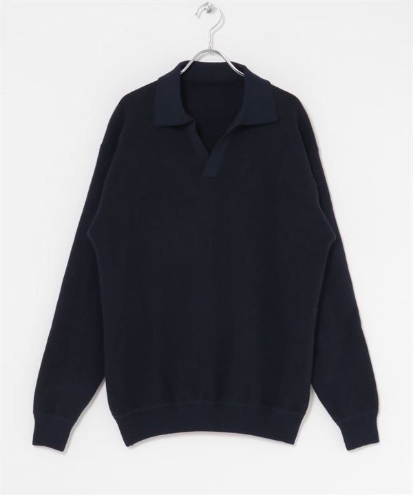 棉混羊毛V字領緣針織衫(藏青色-M-NAVY)